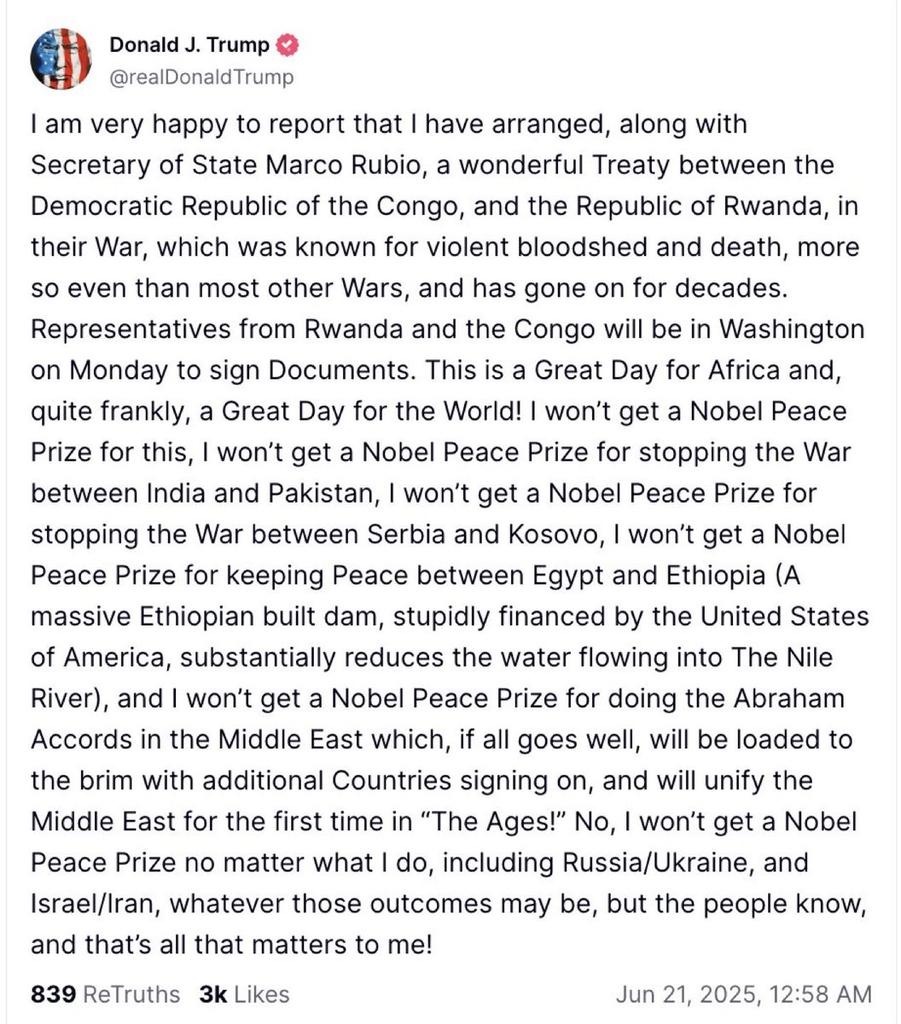 #20Jun #EEUU
Trump: "Me complace enormemente informar que, junto con el Secretario de Estado Marco Rubio, he concertado un maravilloso tratado entre la República Democrática del Congo y la República de Ruanda, que pone fin a una guerra conocida durante décadas de violento