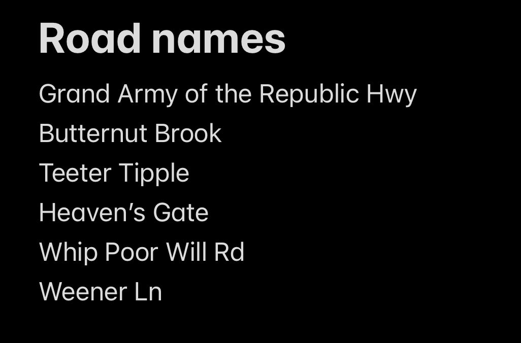 Collected fun road names on our trip.

My favorite is Teeter Tipple.