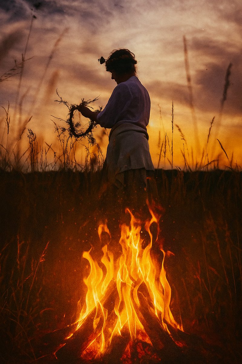 SlavicFaith's tweet photo. As the sun sets on the shortest night of the year, the fire rises to take its place, may the flames awaken the spirits, bless the earth, and bind our souls to the turning of the wheel. #SummerSolstice #Rodnovery #SlavicPaganism https://t.co/QawCTj6svs