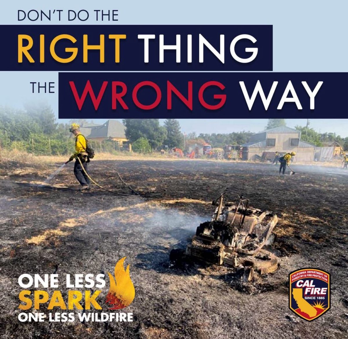 CALFIRE_CHIEF's tweet image. Another vegetation fire was recently sparked by equipment use.
Even when you’re trying to do the right thing, timing, and conditions matter. Always mow before 10AM, and never when it’s hot, dry, or windy. One spark is all it takes to start a wildfire that threatens lives, homes,…