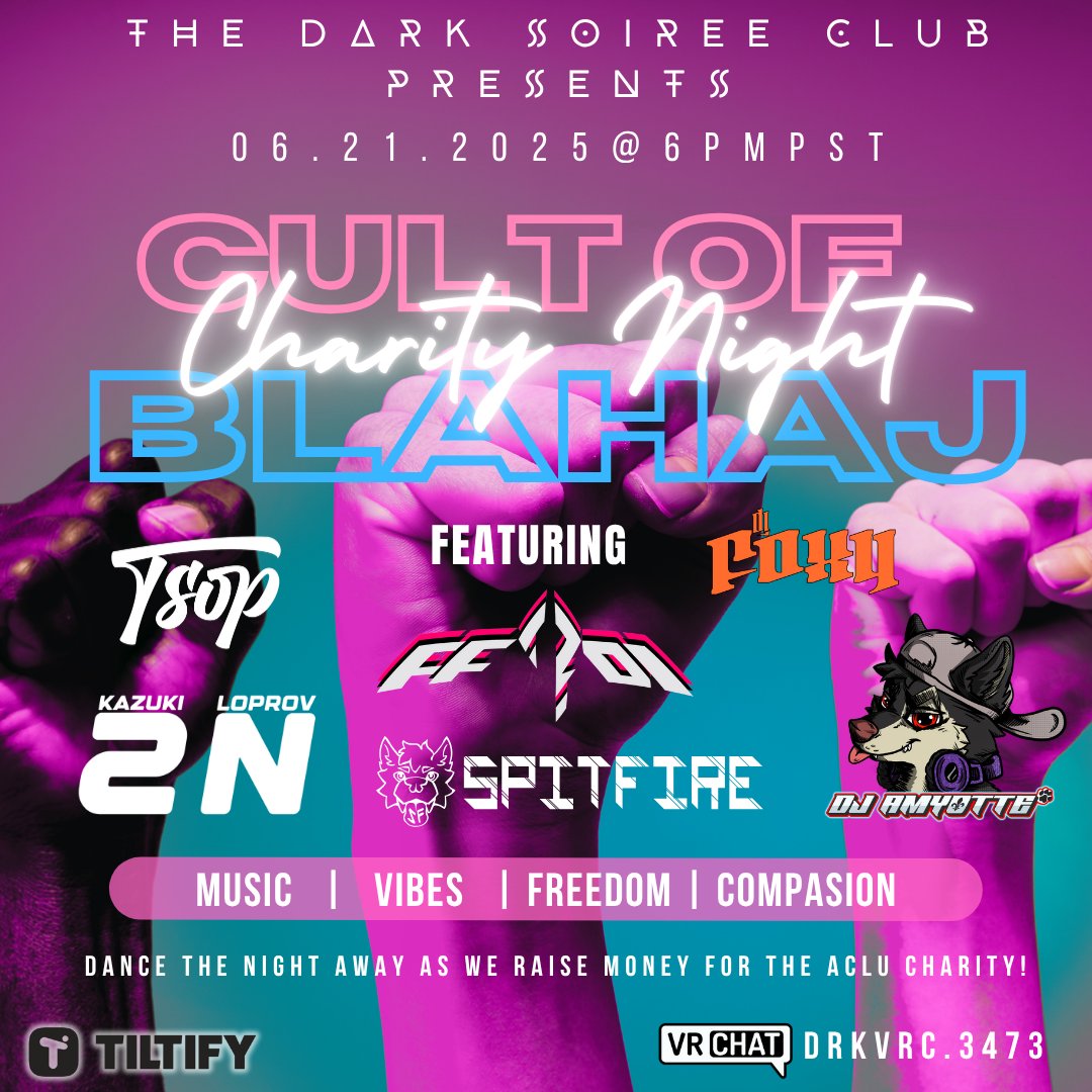 The Darkness of the hanger dissipates as the turn tables light up the stage. Get ready for the awesome line up we have for this special charity event, ran by Cult of Blahaj! We hope to see you all in the hanger! 🐦‍⬛

<a href="/CultOfBlahaj/">🏳️‍⚧️ Cult Of Blahaj 🏳️‍⚧️</a>