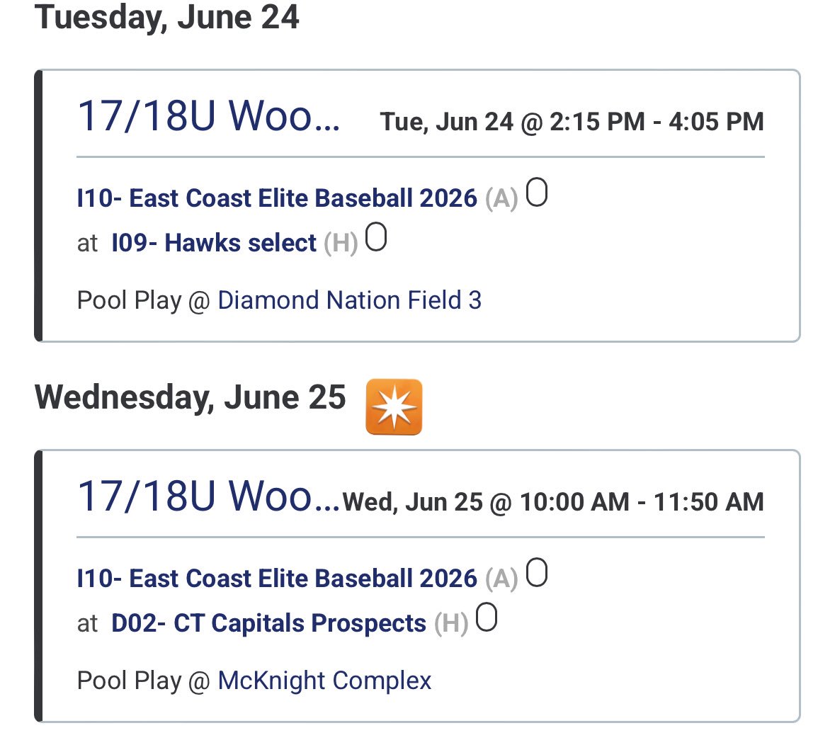 Evan Erickson (@evanerickson09) on Twitter photo I will be competing in the Diamond Nation Super 17 wood bat tournament
next week. The schedule is down below. *Will not attend Wednesday due to regents exam. <a href="/ECEBASEBALL/">East Coast Elite BSBL</a> <a href="/CoachK_ECEB/">Kelvin Espinosa</a> I will be competing in the Diamond Nation Super 17 wood bat tournament
next week. The schedule is down below. *Will not attend Wednesday due to regents exam. <a href="/ECEBASEBALL/">East Coast Elite BSBL</a> <a href="/CoachK_ECEB/">Kelvin Espinosa</a>