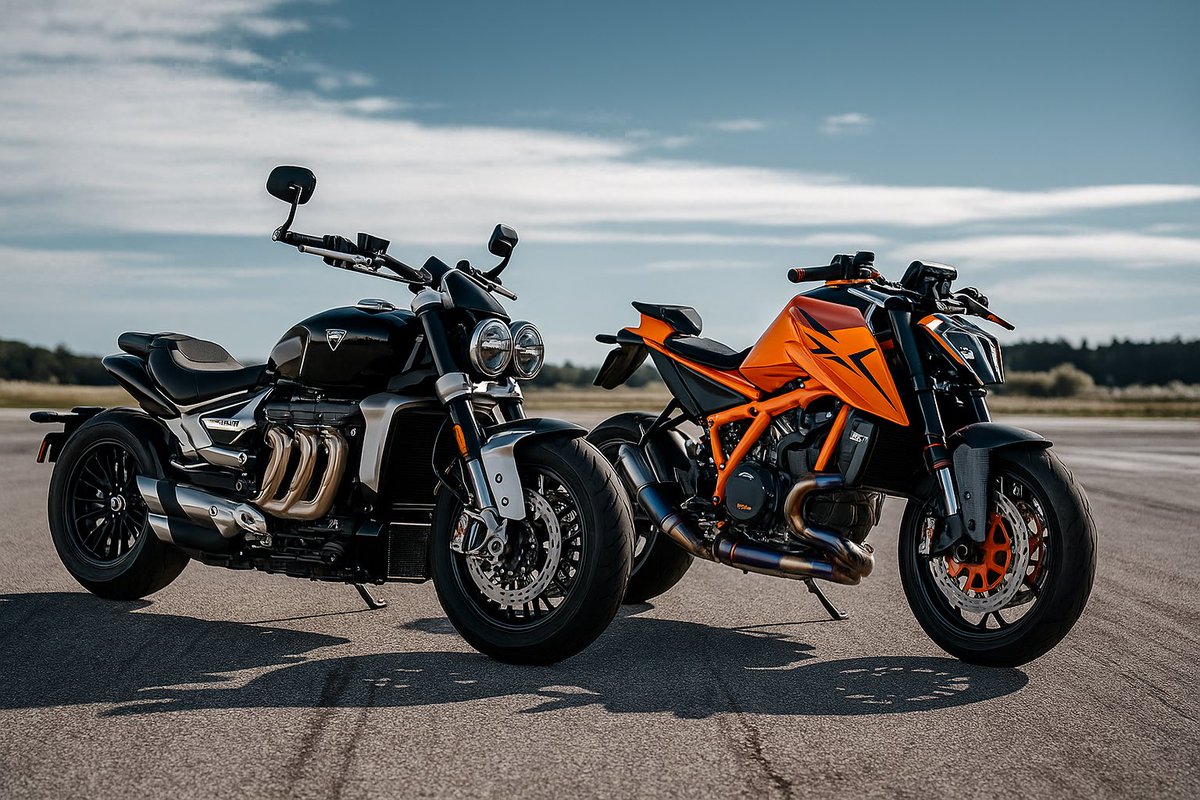 Jesusnumba1fan's tweet photo. Asked ChatGPT to merge two photo’s of my bikes into one, lovely job. #triumph #ktm #rocket #superduke #2500cc #1390cc https://t.co/4jdrFyUQUb