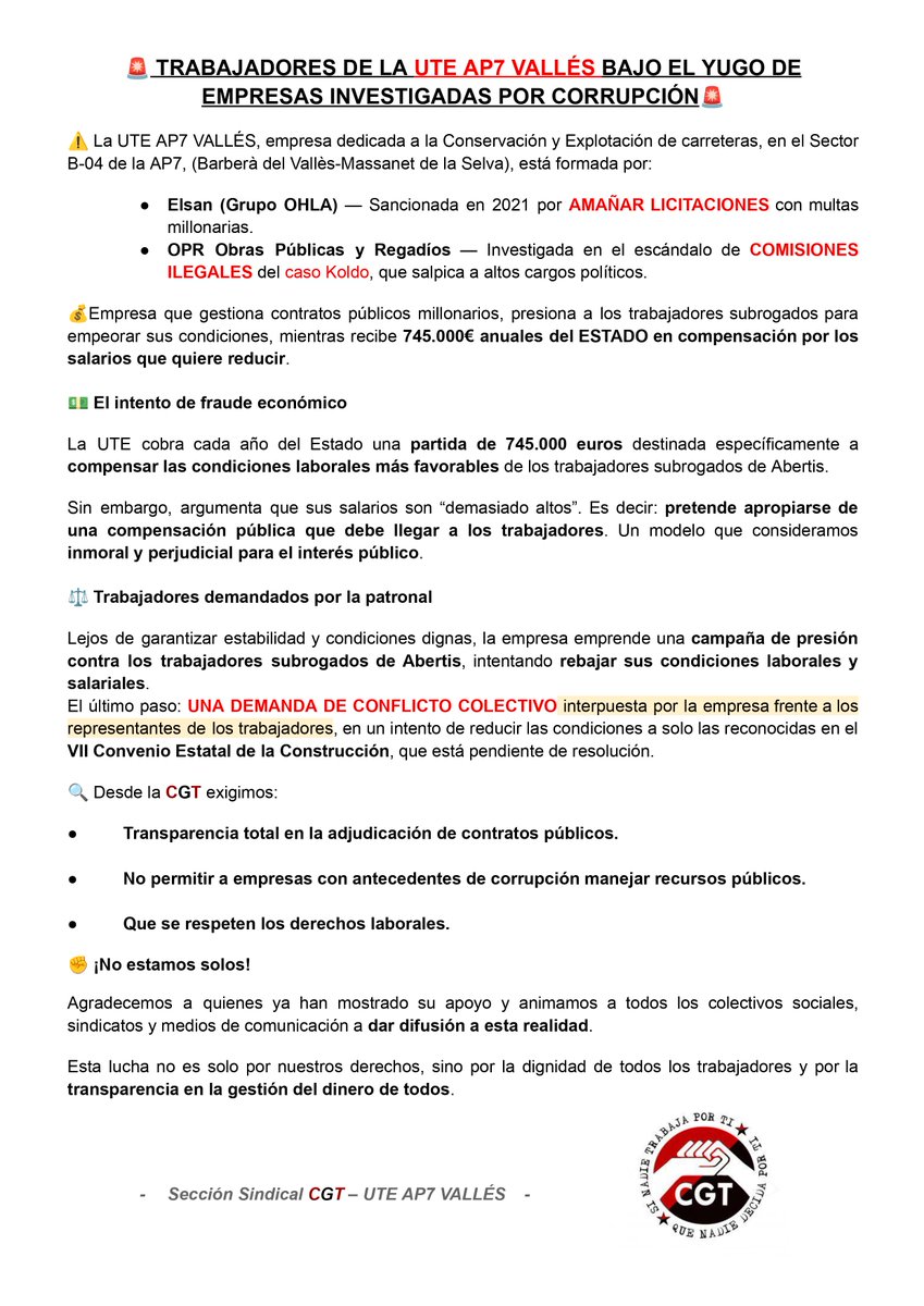 #UTEAP7VALLES #Elsan #OHLA #OPR 
#CasoKoldo #MinisterioDeTransportes #CGT #NoALaCorrupción #Abertis #ExAbertis #ConservaciónDeCarreteras #CártelDelAsfalto #NoAlFraude 

#OHLAyADIÓS