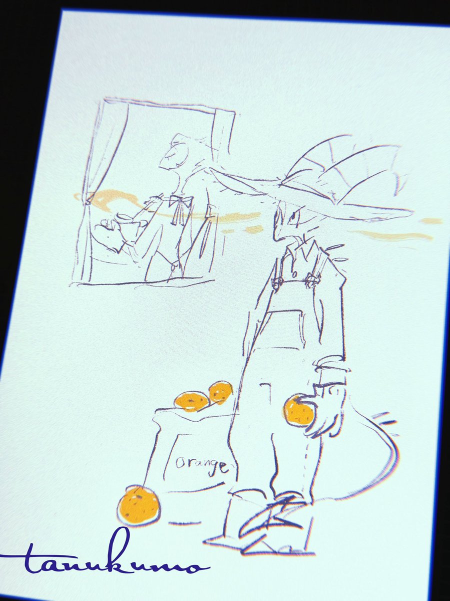 楽しみだなァァァってテンションが上がり謎の落描きをしてしまいました
オレンジ摘む♈️とマーマレード炊く🦉
（オーバーオールなど着なさそうすぎて解釈違い）