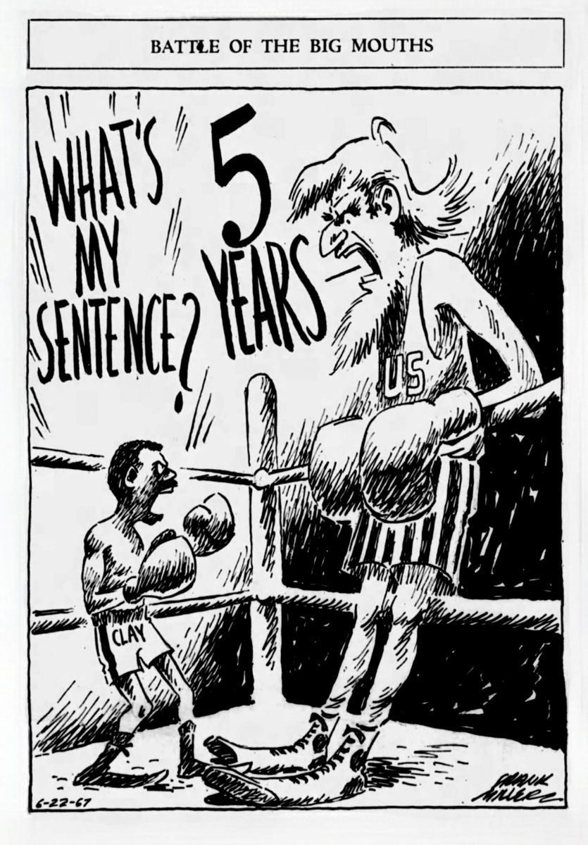 DavidKleinKS's tweet photo. An all-white jury convicted former heavyweight boxing champion Muhammad Ali of felony draft evasion charges #TDIH in 1967. District Court Judge Joe Ingraham sentenced Ali to 5 years in prison, a $10,000 fine, and a 3-year boxing ban. Des Moines Register, June 22, 1967. #histry https://t.co/TE17dSzFBB