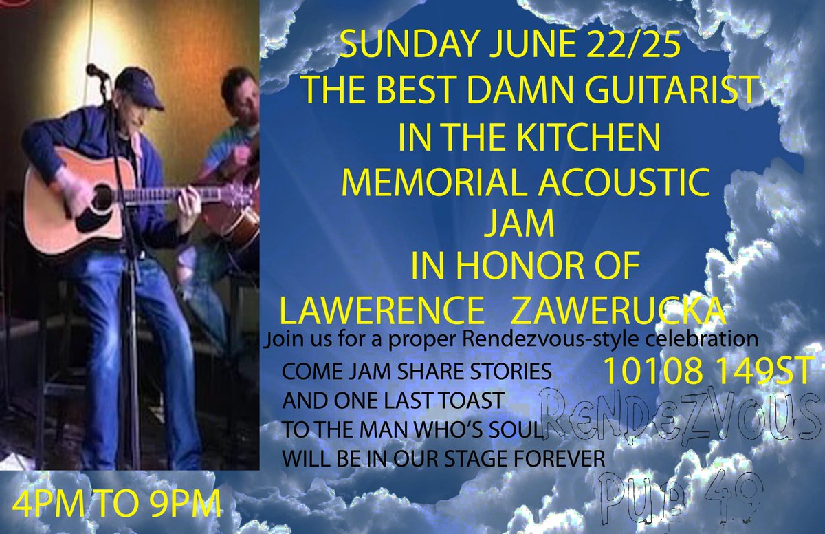 Best Guitar Player in the Kitchen Party📷
This Sunday, June 22 | 4–9 PM | The Rendezvous Pub
One of our own has passed — our longtime regular, lover of music, and all-around legend Lawrence. He was family here, and it’s only right we send him off the way he would’ve wanted.