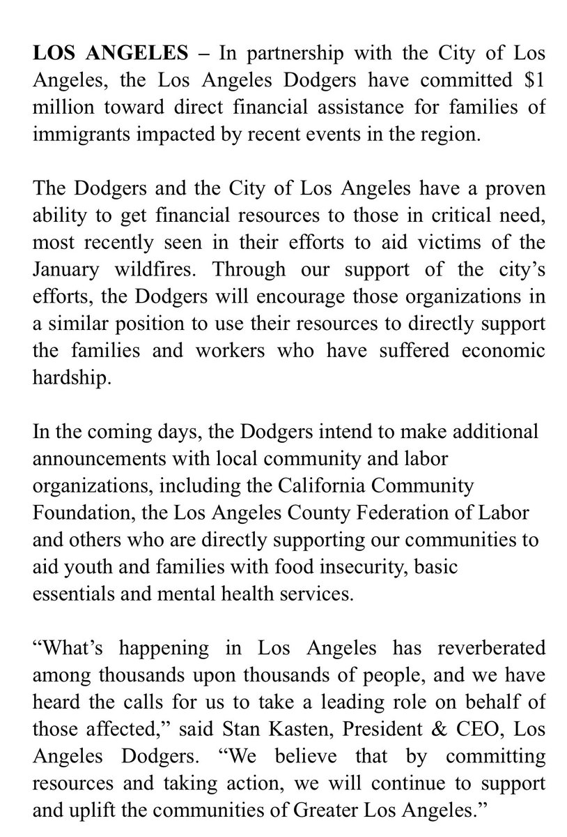 Dodgers commit $1 million in assistance for families of immigrants who have been impacted by the recent raids in the community.