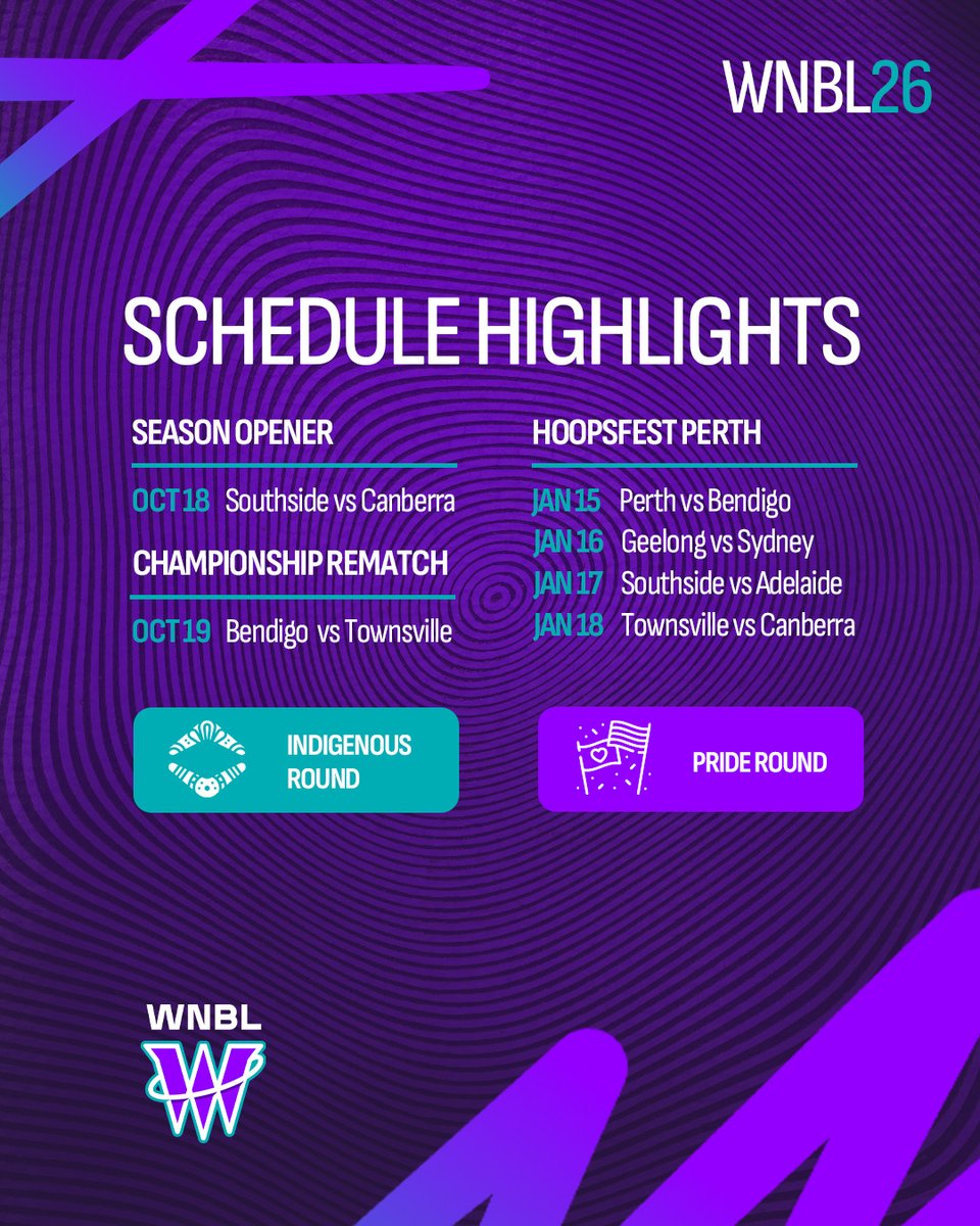 THE WNBL 2025/26 FULL SEASON FIXTURE IS HERE 🗓️ 

Promising a summer of elite basketball, unmissable match-ups, and unforgettable moments, this is the WNBL like you’ve never seen it before 🔥 #ReadyToRise 

With Indigenous Round taking place across Rounds 2-3 and Pride Round in