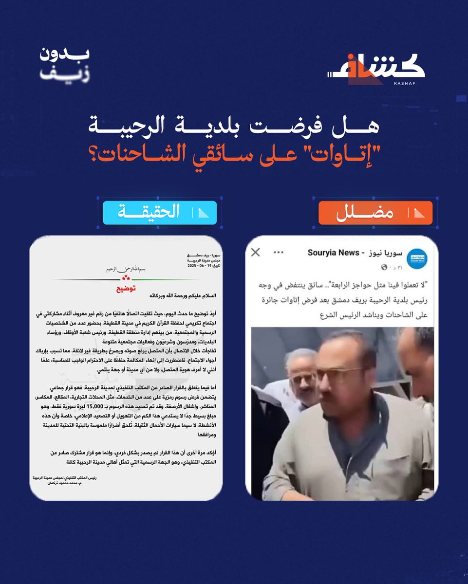 🔴🚫تنويه: الخبر مضلل

🔎💻تداولت حسابات على مواقع التواصل الاجتماعي خبراً عن فرض بلدية مدينة الرحيبة بريف #دمشق "إتاوات جائرة" على سائقي الشاحنات.

رئيس المجلس التنفيذي لبلدية الرحيبة أصدر بياناً توضيحياً حول قرار المجلس بفرض رسوم على سائقي الشاحنات، وجاء في البيان: "قرار فرض