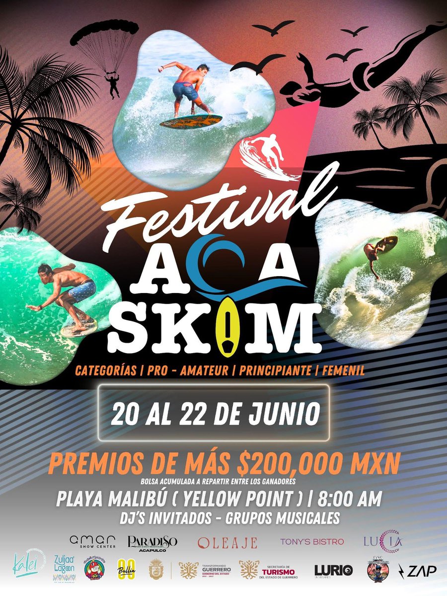 ¡Ya arrancó el Festival ACASKIM en Playa Malibú! 🏄🏻‍♀️

#Acapulco recibe a los mejores talentos del skimboard en un evento lleno de energía, música y competencia. Con muchos premios y categorías para todas y todos, este festival promete tres días de adrenalina frente al mar. 💯