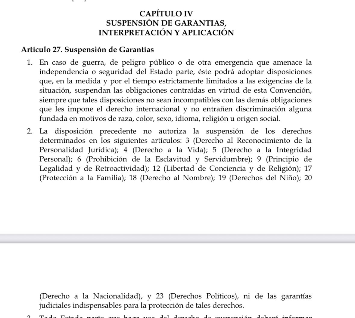 Lo que establece la Convención Americana de Derechos Humanos sobre la suspensión de Garantías Constitucionales.
