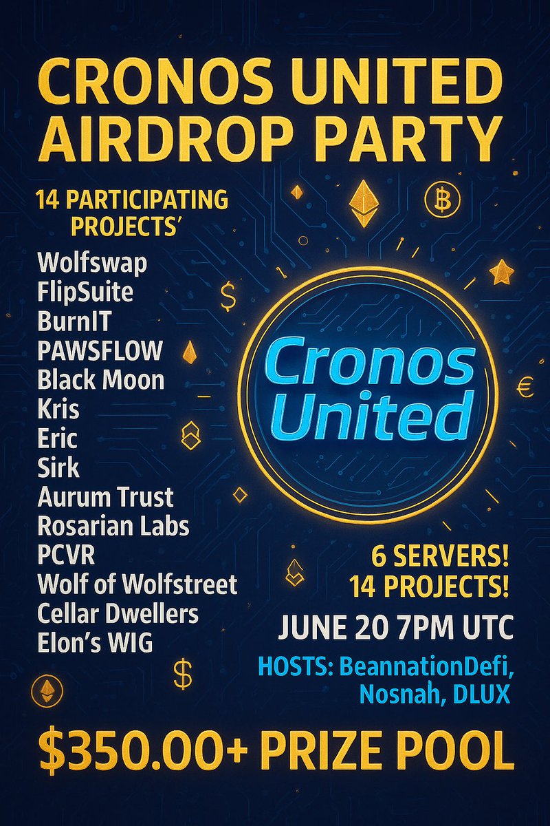 Updated links for the party tonight! Make sure to join all servers! 

PAWSFLOW discord.gg/82GvxgFC
Wolfswap discord.gg/moonflowlabs
Cronos United discord.gg/h8Hc5BQ8
Pyro discord.gg/9reVH6XD
FlipSuite discord.gg/flipguard
Black Moon discord.gg/blackmooncro