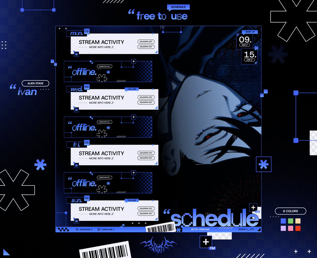 free to use weekly schedule 🔪 ₊˚.⋆
⋆⁺₊✧ alien stage inspired //only by color//

6 COLORS AVAILABLE!!

LINK BELOW!! ↓↓ 
#VTuberAssets #ENVTuber #VTuber #VTuberUprising #f2u #alnst