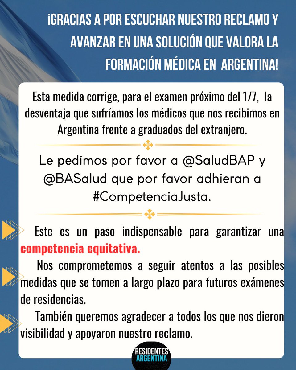 <a href="/edufeiok/">Eduardo Feinmann</a> #BuenasTardes Le pedimos a
<a href="/SaludBAP/">SaludBAP</a> y <a href="/BASalud/">BA Salud</a> que por favor adhieran a #CompetenciaJusta, para el examen próximo del 1/7/25. INCITAMOS A CABA Y PBA A ADHERIR A LA MEDIDA.
<a href="/nkreplak/">Nicolás Kreplak</a> <a href="/Kicillofok/">Axel Kicillof</a> <a href="/FernanQuirosBA/">Fernán Quirós</a> <a href="/jorgemacri/">Jorge Macri</a>
El futuro de los médicos argentinos esta en juego.