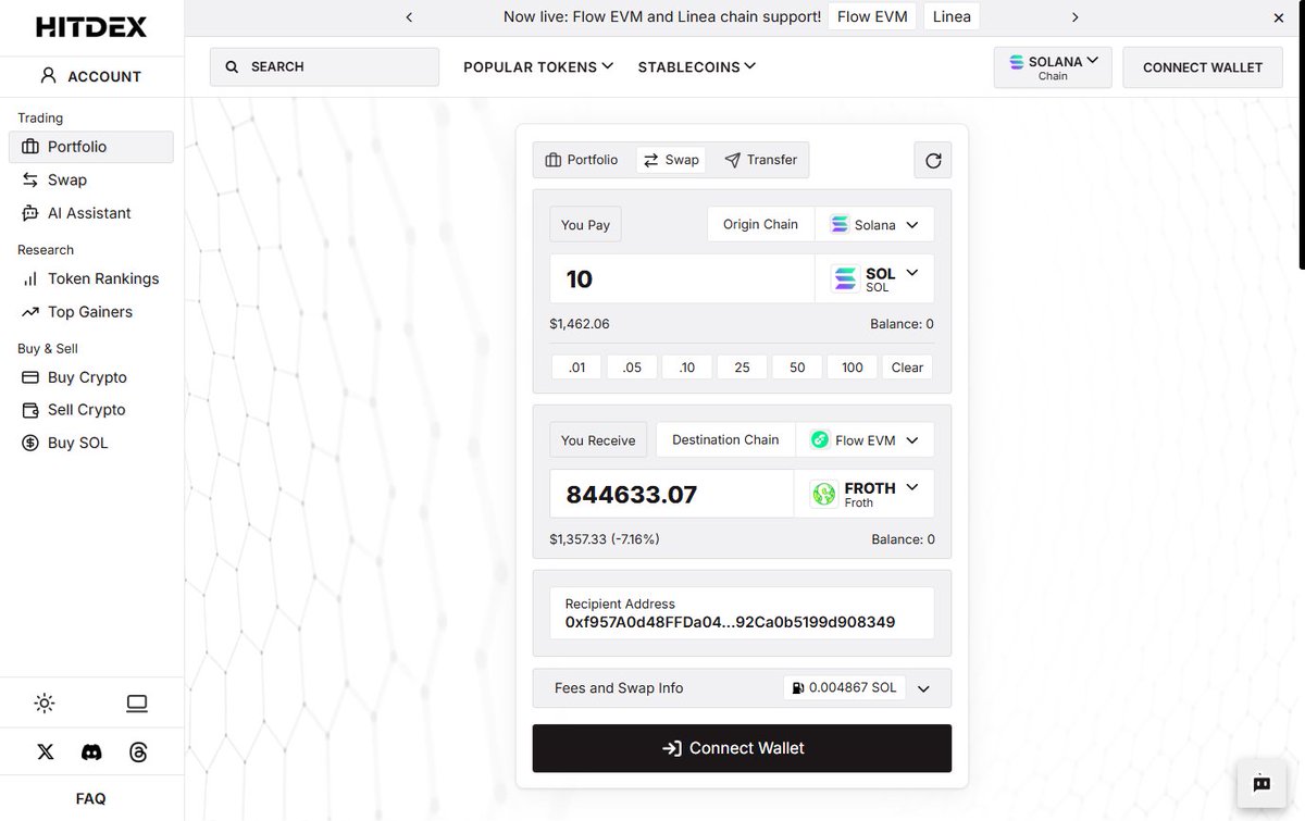hitdex's tweet image. Things are getting #FROTHY!

Swap from SOL on Solana to $FROTH on Flow EVM: hitdex.com/#/solana/trade…

Swap from ETH on Base to $FROTH on Flow EVM: 
hitdex.com/#/base/trade/s…

Swap from POL on Polygon to $FROTH on Flow EVM:
hitdex.com/#/polygon-pos/…

Powered by the @debridge API.
