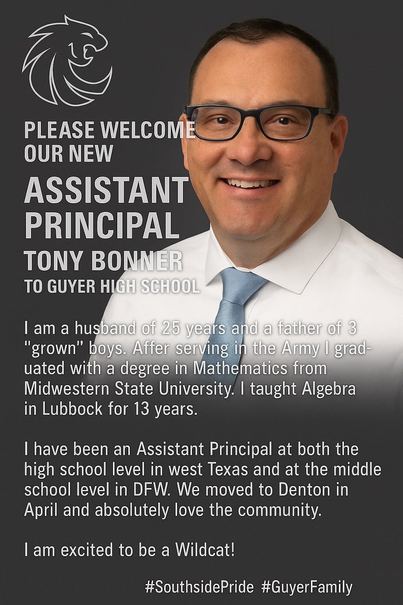 Please join me in welcoming Tony Bonner to <a href="/GHS_Wildcats/">Guyer HS Wildcats</a> and #Southside