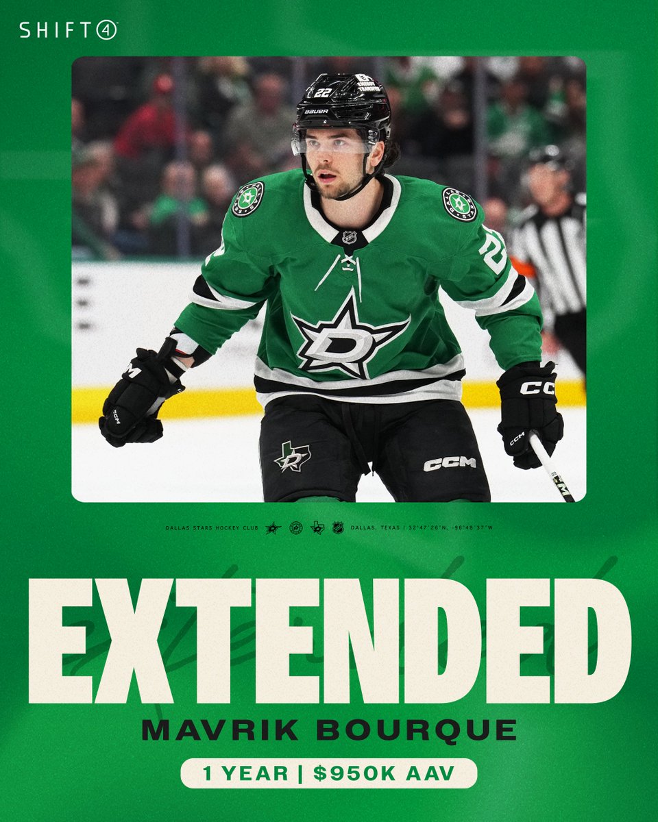 Our Dallas Mav's staying put! 😎

We have signed Mavrik Bourque to a one-year contract extension through the 2025-2026 season.

📰 MORE: nhl.com/stars/news/dal…

@shift4 | #TexasHockey