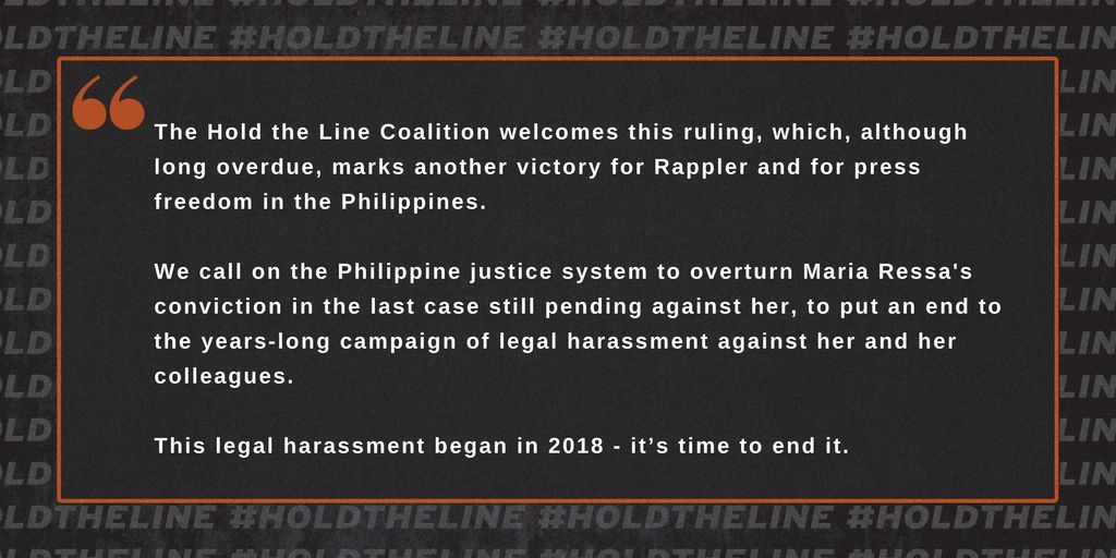 ICFJ, along with the #HoldTheLine Coalition, welcomes @MariaRessa's acquittal in a foreign ownership case, based on false allegations. We call on the Philippine justice system to overturn the  conviction in the last case still pending against her.  buff.ly/hB7dCOu