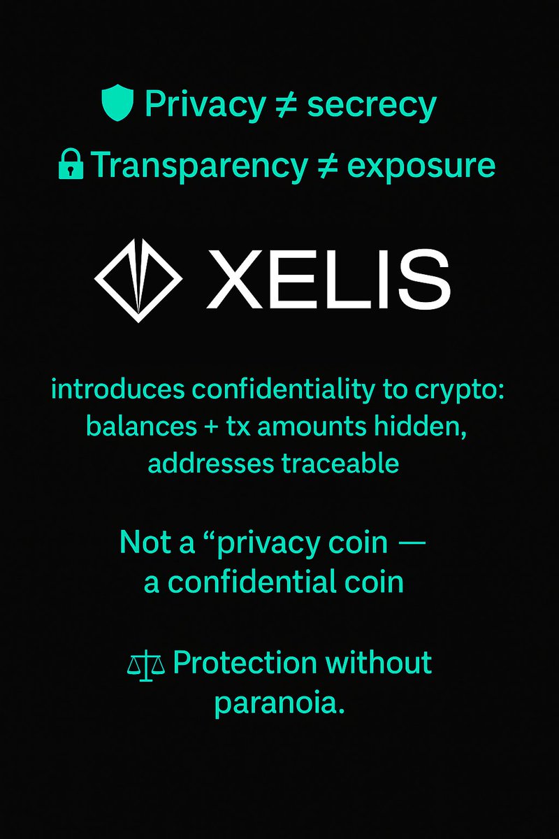 🛡️ Privacy ≠ secrecy
🔐 Transparency ≠ exposure

Xelis introduces confidentiality to crypto: balances + tx amounts hidden, addresses traceable.

Not a "privacy coin" — a confidential coin.

⚖️ Protection without paranoia.

Learn more: xelis.org/blog/confident…

#Xelis