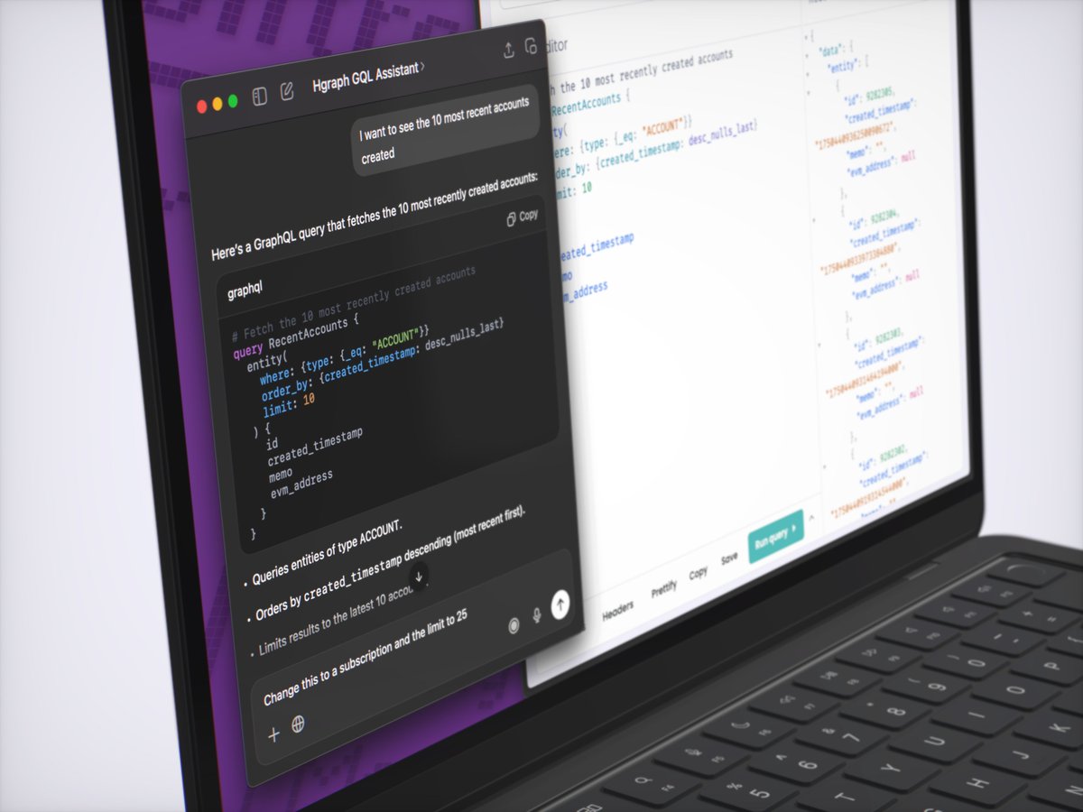 Our GraphQL API is incredibly powerful for accessing @Hedera mirror node data.

But creating your first GraphQL query can be a challenge, and dev hours are limited...

So, imagine just asking for a query 👀