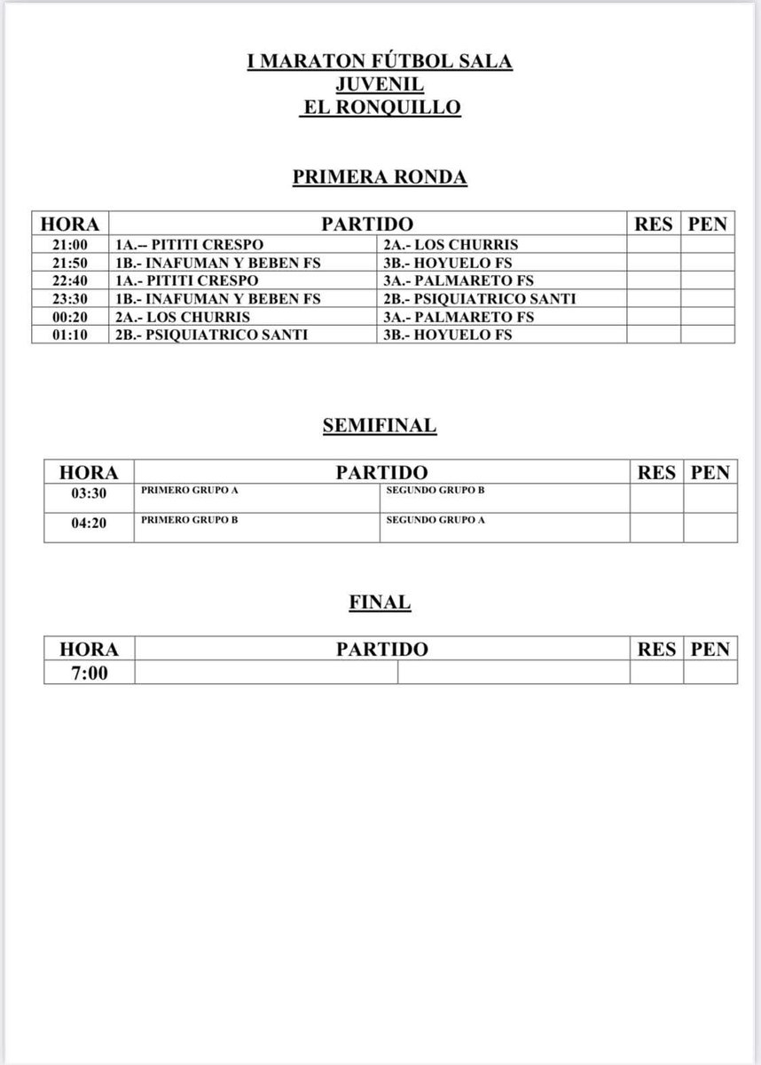 Horarios de la MARATÓN FÚTBOL SALA JUVENIL de El Ronquillo
Mañana sábado 21 de junio a partir de las 21:00 h en el Pabellón de Deportes.
Equipos locales: Inafuman, Hoyuelo y Palmareto.