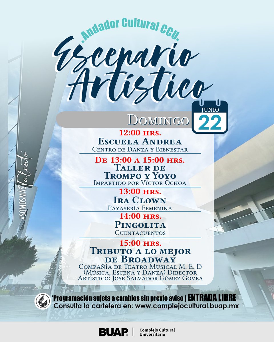 🌳🍃 ¿Sabías que puedes aprender #yoga en el #CCU?
Conoce toda la oferta que el Andador Cultural CCU BUAP ha preparado para ti este fin de semana. Recuerda, la entrada es libre 🎟️

#SomosGrandes porque #SomosHistoria