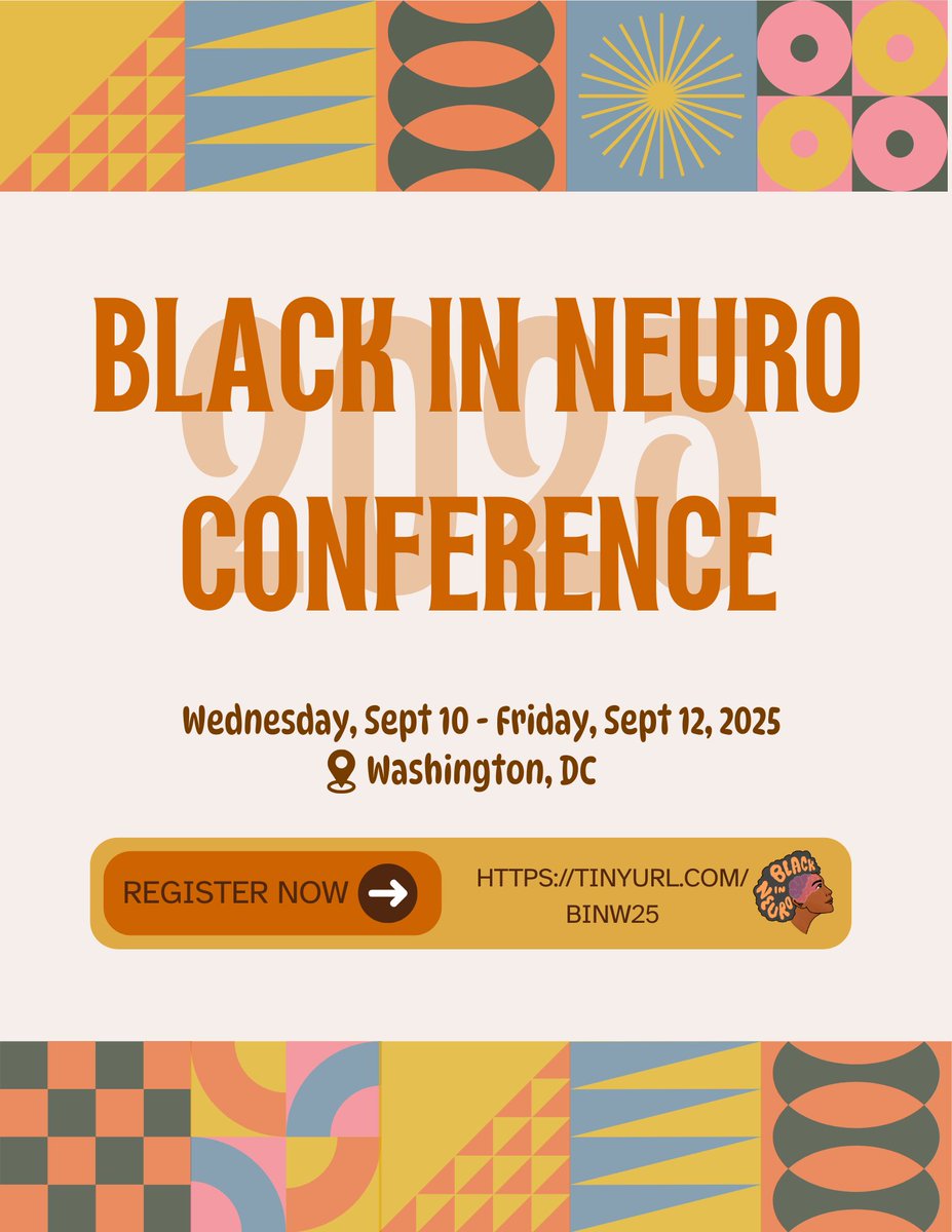 BlackInNeuro's tweet image. 🎉 Black In Neuro is turning FIVE and we’re celebrating with our first-ever in-person conference!
Join us for 3 days of connection, learning & celebration with the BIN community!

📍Sept 10–12 | Washington, D.C.
Register today! tinyurl.com/BINW25