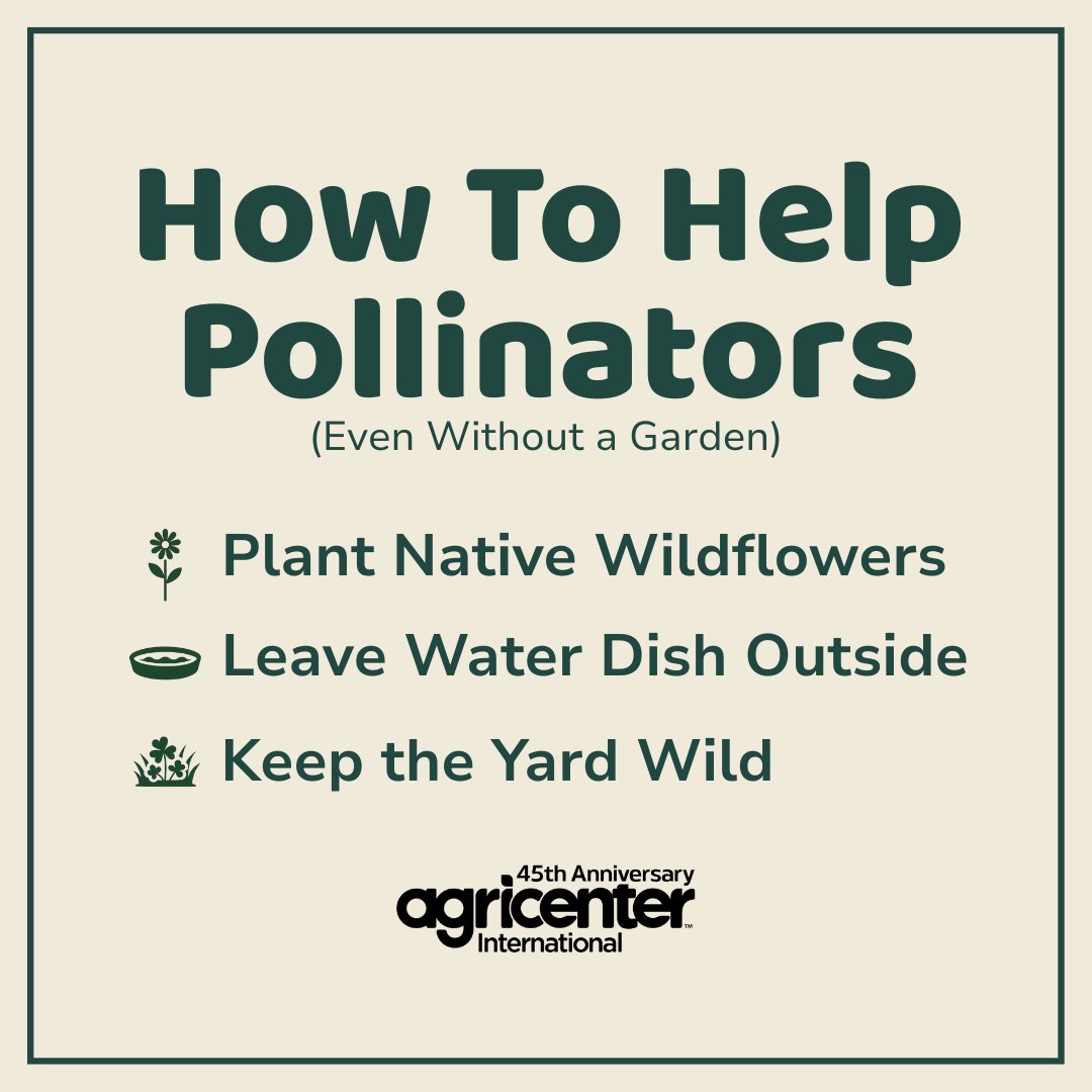 You don’t have to be a farmer to support pollinators. 🐛
Here are 3 easy ways to help:
🌼 Plant native wildflowers in pots or beds
💧 Put out a shallow water dish
🌱 Let part of your yard grow a little wild
#Agricenter #PollinatorWeek #RootedInConservation