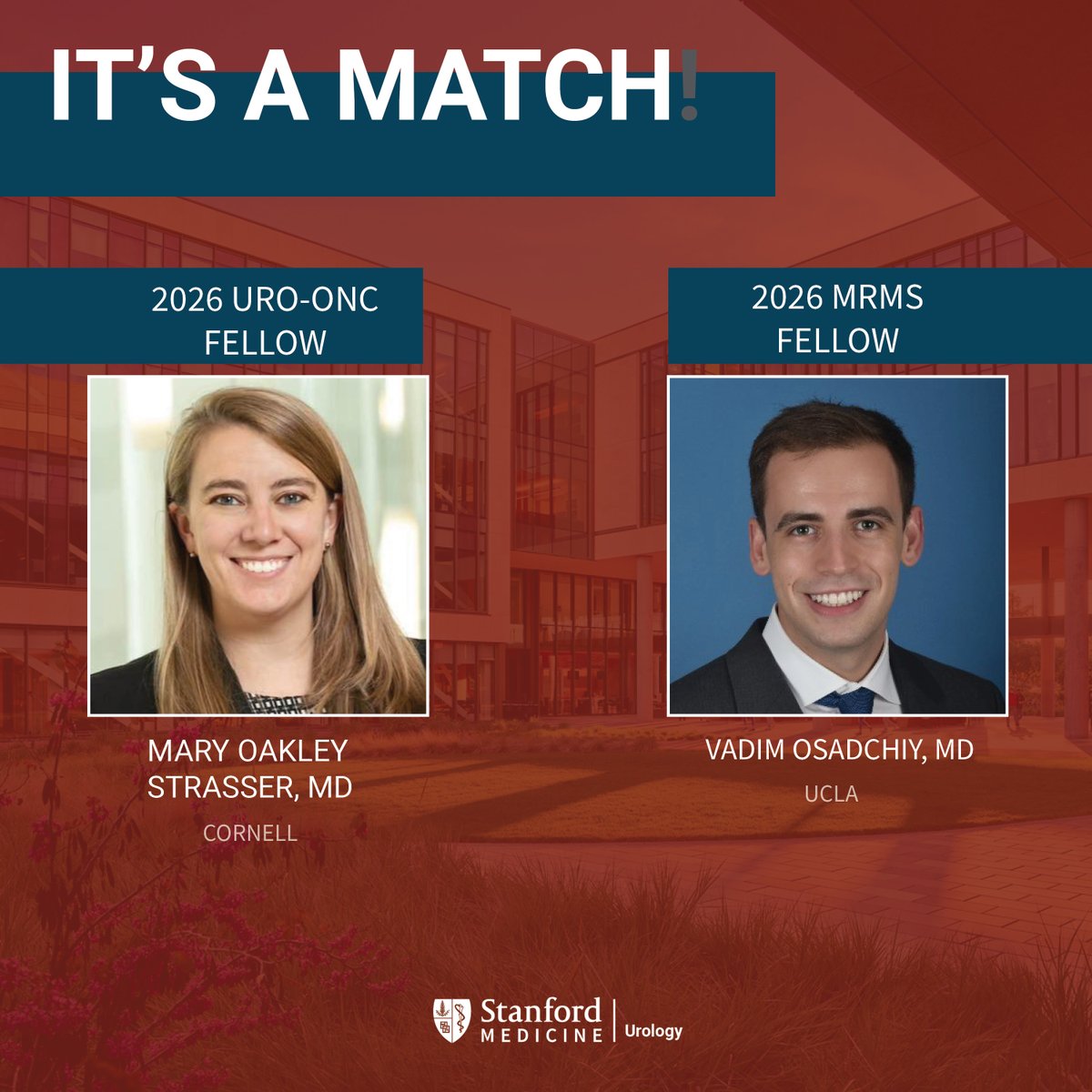 Stanford Urology (@stanfordurology) on Twitter photo IT'S A MATCH! Weâre thrilled to welcome Mary Oakley Strasser, MD (<a href="/WCMUrology/">Weill Cornell Medicine Urology</a>) to our 2026 Urologic Oncology Fellowship and <a href="/OsadchiyV/">Vadim Osadchiy</a>, MD (<a href="/UclaUrology/">UCLA Urology</a>) to our 2026 MRMS Fellowship.
Welcome to the Farm - weâre excited for whatâs ahead!
<a href="/BladderCancerMD/">Jay B. Shah</a>
<a href="/SUO_YUO/">YUO</a>
<a href="/UroOnc/">Society of Urologic Oncology</a> IT'S A MATCH! Weâre thrilled to welcome Mary Oakley Strasser, MD (<a href="/WCMUrology/">Weill Cornell Medicine Urology</a>) to our 2026 Urologic Oncology Fellowship and <a href="/OsadchiyV/">Vadim Osadchiy</a>, MD (<a href="/UclaUrology/">UCLA Urology</a>) to our 2026 MRMS Fellowship.
Welcome to the Farm - weâre excited for whatâs ahead!
<a href="/BladderCancerMD/">Jay B. Shah</a>
<a href="/SUO_YUO/">YUO</a>
<a href="/UroOnc/">Society of Urologic Oncology</a>