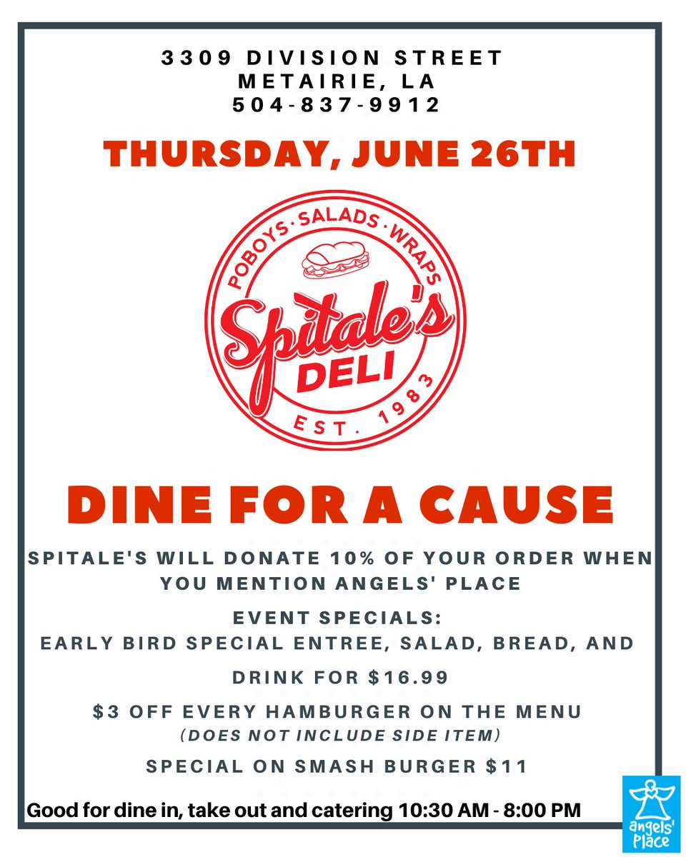 🚨#DineForACause with us Thursday, June 26th at <a href="/spitalesdeli/">Spitale’sDeli</a>🍝🎉⁣⁣⁣
When you mention #AngelsPlace 10% of your bill will be donated. 😇💙⁣⁣⁣
Come enjoy a great meal and help us help our kids! Take advantage of the event specials! 🍕🍝⁣⁣
#SpitalesDeliandCatering