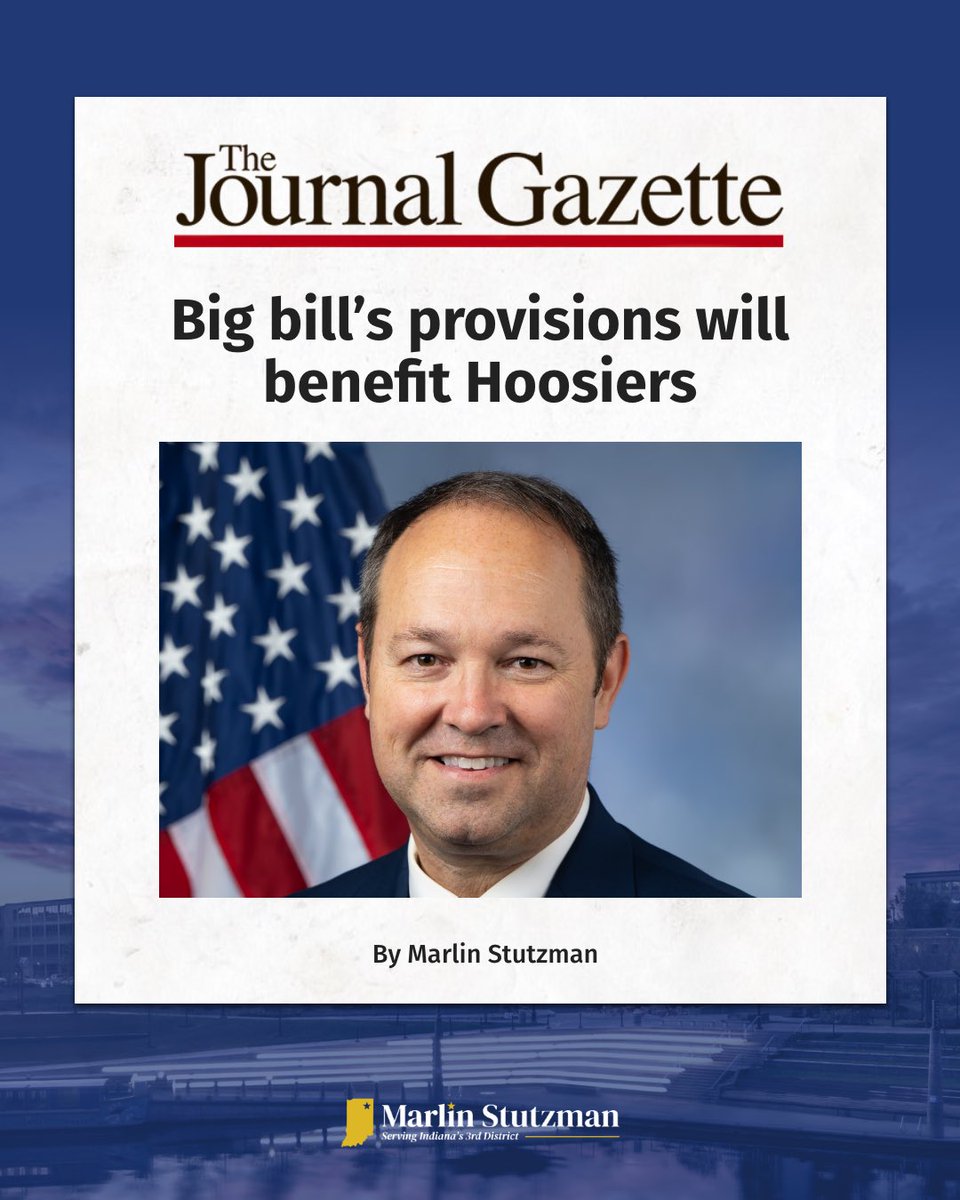 Rep. Marlin Stutzman (@repstutzman) on Twitter photo The One Big Beautiful Bill is <a href="/POTUS/">President Donald J. Trump</a>’s foremost legislative priority, and is exactly what Hoosiers have been waiting for.
It speaks directly to the hardworking men and women of northeast Indiana and across the country. The One Big Beautiful Bill is <a href="/POTUS/">President Donald J. Trump</a>’s foremost legislative priority, and is exactly what Hoosiers have been waiting for.
It speaks directly to the hardworking men and women of northeast Indiana and across the country.