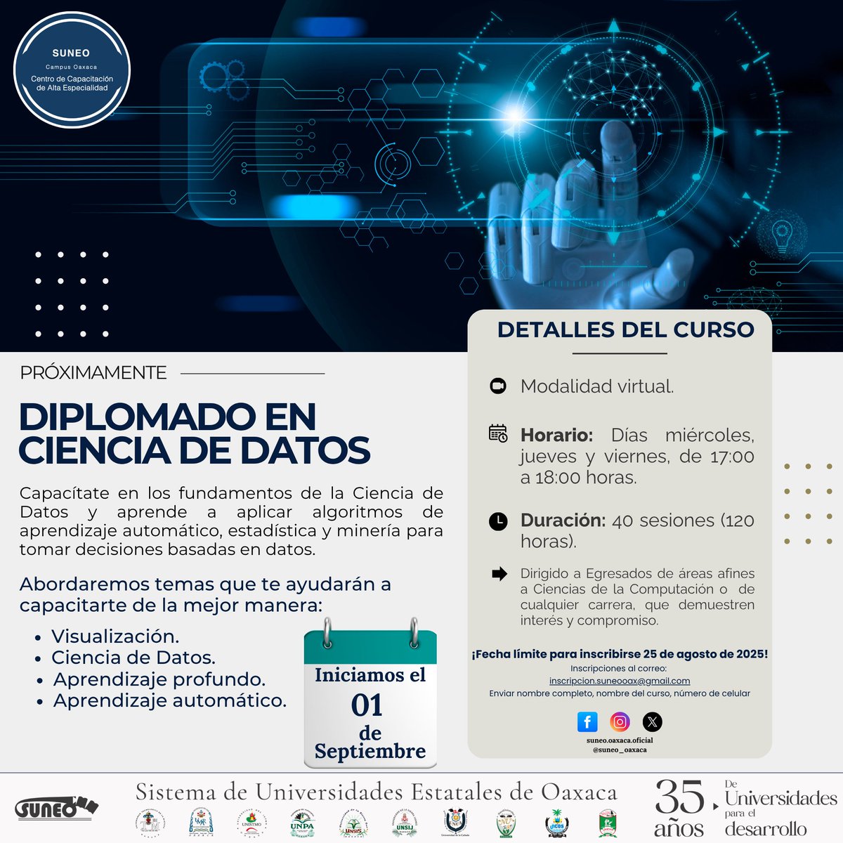 ¡Diplomado en Ciencia de Datos! 📊💻

¡Inscríbete y potencia tus habilidades! 🚀¿A quién está dirigido? Egresados de áreas afines a ciencias de la comunicación o cualquier carrera que demuestre interés y compromiso.

📅 No te pierdas la oportunidad! Inscríbete antes del 25 de