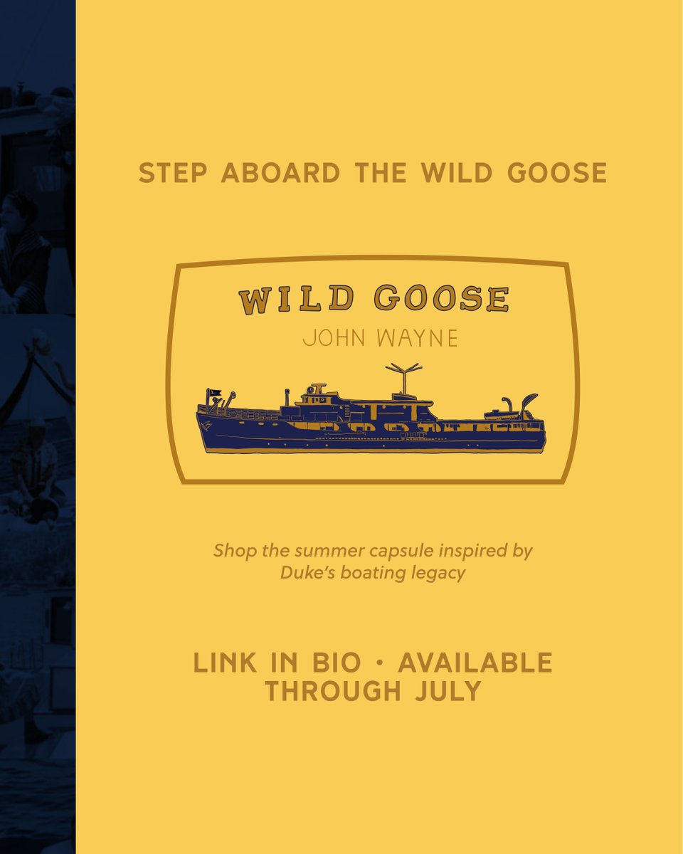 The Wild Goose capsule is here. Each piece is made for freedom, time on the water, and a summer that feels like Duke’s.

Shop the collection inspired by John Wayne’s legendary yacht— bit.ly/3G5EOqp

#AnchoredInAdventure #GooseCrew #WildGooseFridays #LiveLikeJohnWayne