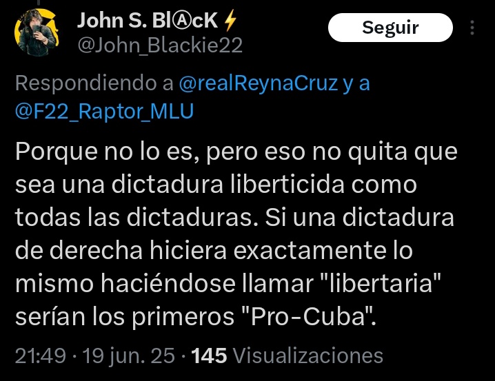 Voy a aprovechar los megas limitados que me vende la dictadura socialista de Cuba para que todos sepan que algunos ancaps son zurdos de closet como <a href="/John_Blackie22/">John S. BlⒶcK⚡</a> que dice que Cuba no era verdadero socialismo.