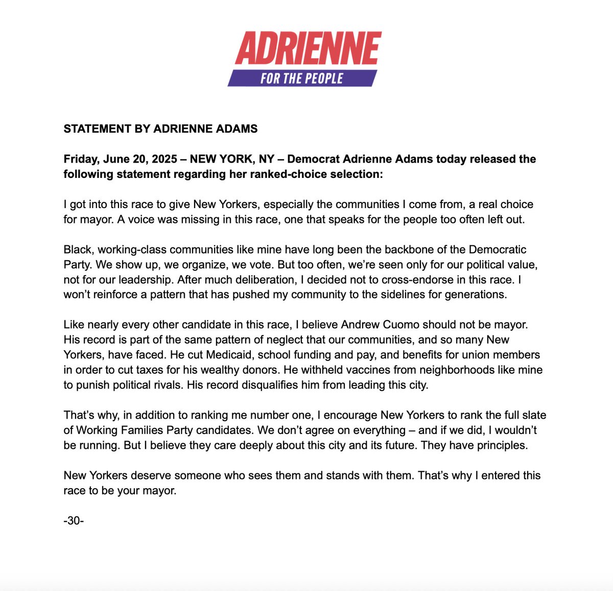 AdrienneEAdams's tweet image. I got into this race to give New Yorkers, especially the communities I come from, a real choice for mayor. Read my statement on my ranked-choice decision.