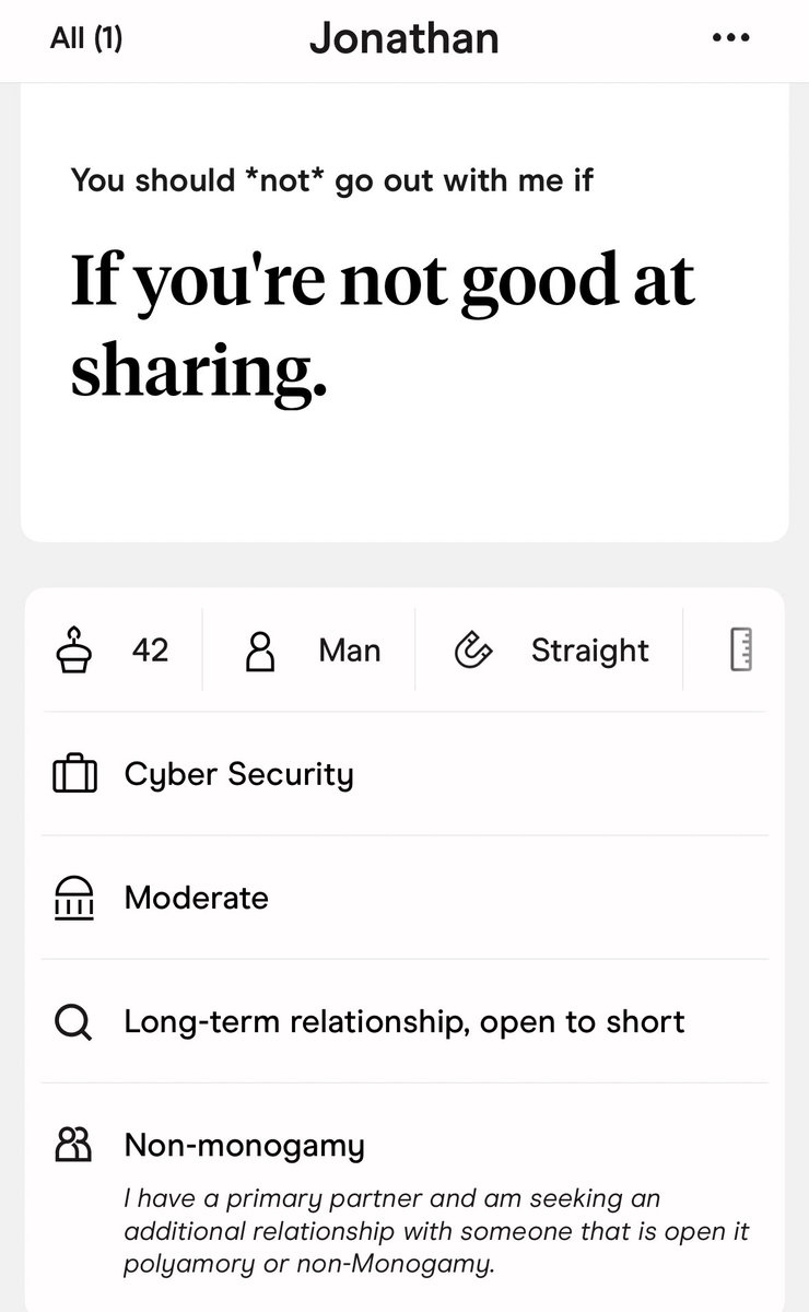 Incredibly mid-looking man sending me a like to join their non-monogamy cult. I’m sorry, you better be HOT AS HELL if I have to share you with someone else.