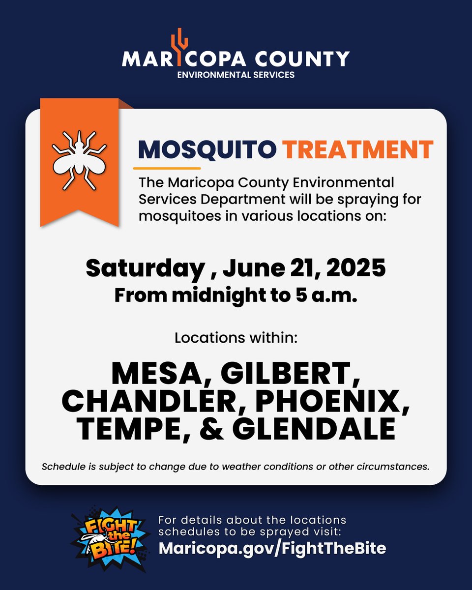 Want to know when mosquito treatments are scheduled for your area? 🦟Subscribe to calendar notifications at bit.ly/FoggingNotific…
 
Learn more about what you can do to help prevent mosquito breeding, avoid mosquito bites, and stay healthy at Maricopa.gov/FightTheBite