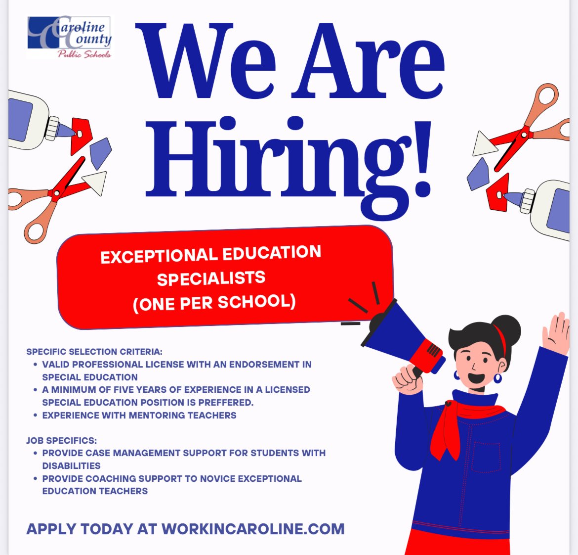 Looking for your next career move in the world of special education? CCPS is hiring 1 except. ed. specialist per building (5 total) to support SPED teachers with IEPs, prog. monitoring, specialized instr., coaching, compliance and more! These positions are 10.5 month contracts.