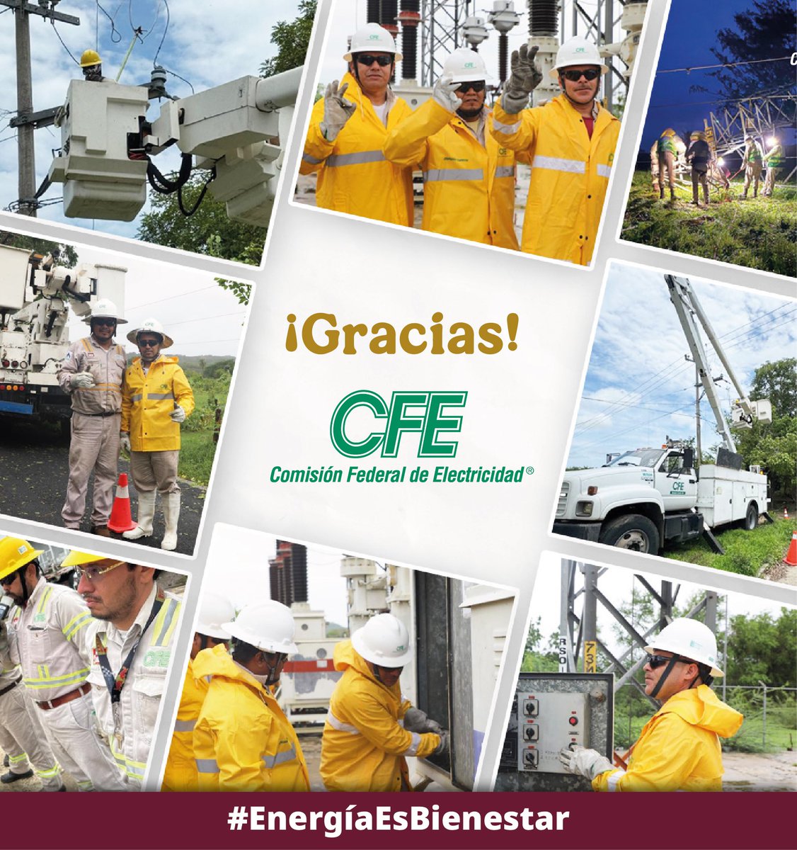 Quiero reconocer y agradecer al personal de la <a href="/CFEmx/">CFEmx</a> que ha trabajado incansablemente para restablecer el servicio eléctrico tras el paso del huracán #Erick. 
Estamos al servicio del pueblo desde el sector energético. 
#EnergíaEsBienestar