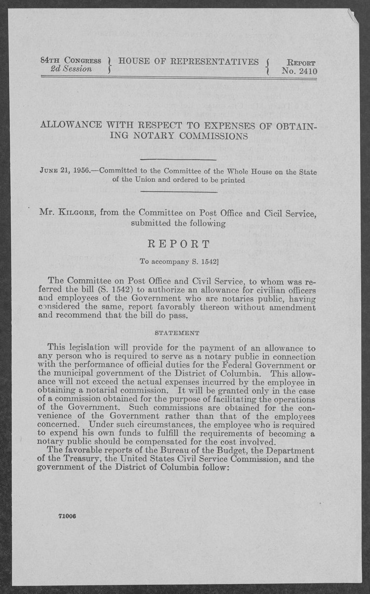 On June 21, 1956, the House referred S.1542 to committee. The bill would permit payment to civilian officers &amp; government employees who act as notaries for the federal government.

Explore the bill under the #DigitalCollections page on our website! loc.gov/item/202478484…