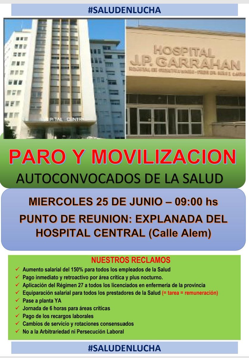 Este #25J las trabajador@s del Hospital Central de #Mendoza harán jornada de protesta y #Paro uniendo la lucha con el #Garrahan.
Trabajan en condiciones tremendas, en jornadas extenuantes y sorteando miles de obstáculos para garantizar la salud pública.
Apoyemos la salud pública!