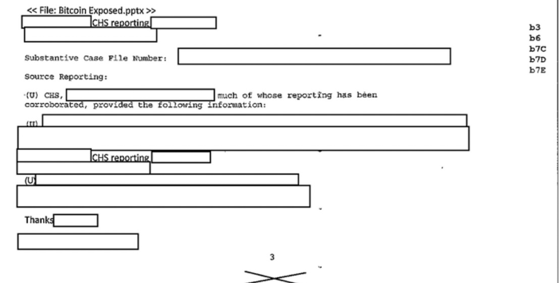The FBI released a file on the subject "Bitcoin." Most of the records are intelligence reports on what Bitcoin is, how criminals use it etc.
But at the end, they have a few pages about an FBI informant (CHS). There's absolutely no context provided about this.