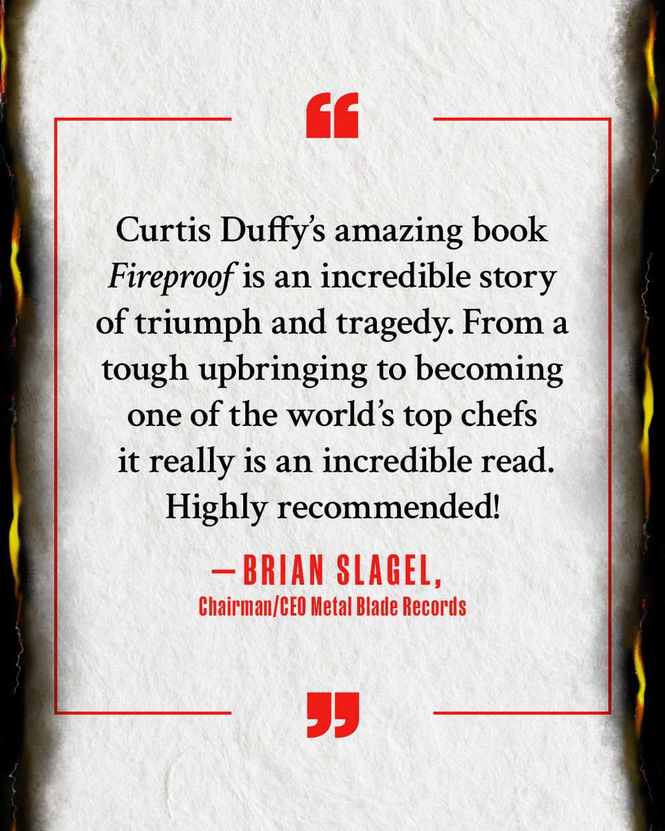 Curtis Duffy (@curtisduffy) on Twitter photo Thank you for the kind words <a href="/brianslagel/">Brian Slagel</a>. Preorder #FireproofMemoir at the link in my bio. On sale 8/5 from @deadskypublishing. @jeremyxwagner Thank you for the kind words <a href="/brianslagel/">Brian Slagel</a>. Preorder #FireproofMemoir at the link in my bio. On sale 8/5 from @deadskypublishing. @jeremyxwagner