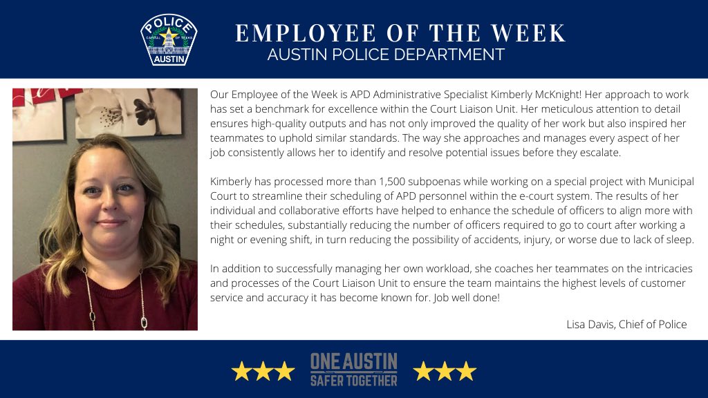 APDChiefDavis's tweet image. I am pleased to announce APD Administrative Specialist Kimberly McKnight as our Employee of the Week! Kimberly is truly a valuable member of our Professional Staff who goes above and beyond in every aspect of her job. Thank you for your hard work and dedication, Kimberly!