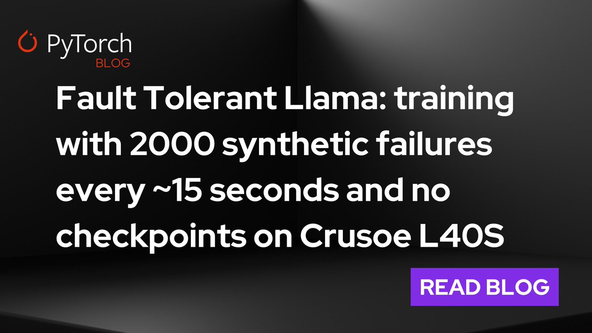 torchft + TorchTitan: 1200+ failures, no checkpoints, model convergence.

A Llama 3 model was trained across 300 L40S GPUs with synthetic failures every 15s. No restarts. No rollbacks. Just asynchronous recovery and continued progress.

📘 hubs.la/Q03t1Z0b0

#PyTorch