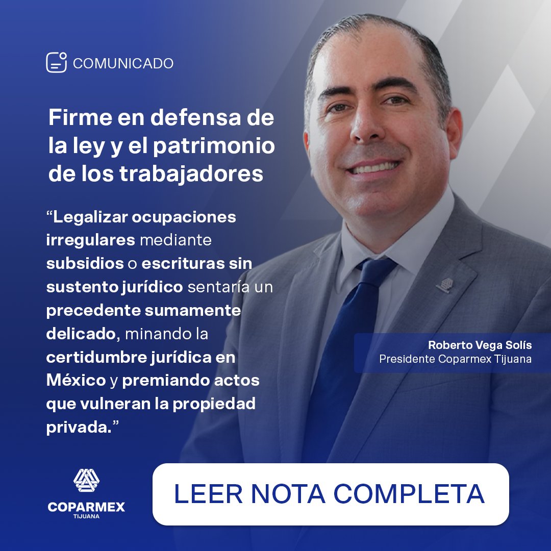 🏠 Legalizar ocupaciones ilegales vulnera la propiedad privada y el Estado de Derecho.

📄 Leer #ComunicadoCoparmex : bit.ly/4n9U8Tt

#COPARMEX #EstadoDeDerecho #Infonavit #PropiedadPrivada