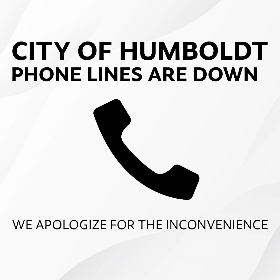 City of Humboldt (@cityofhumboldt_) on Twitter photo The City of Humboldt phones are currently down, and we are working to resolve the issue as quickly as possible.
In the meantime, you can reach out to us via email: info@humboldt.ca.
We apologize for the inconvenience and thank you for your patience. The City of Humboldt phones are currently down, and we are working to resolve the issue as quickly as possible.
In the meantime, you can reach out to us via email: info@humboldt.ca.
We apologize for the inconvenience and thank you for your patience.
