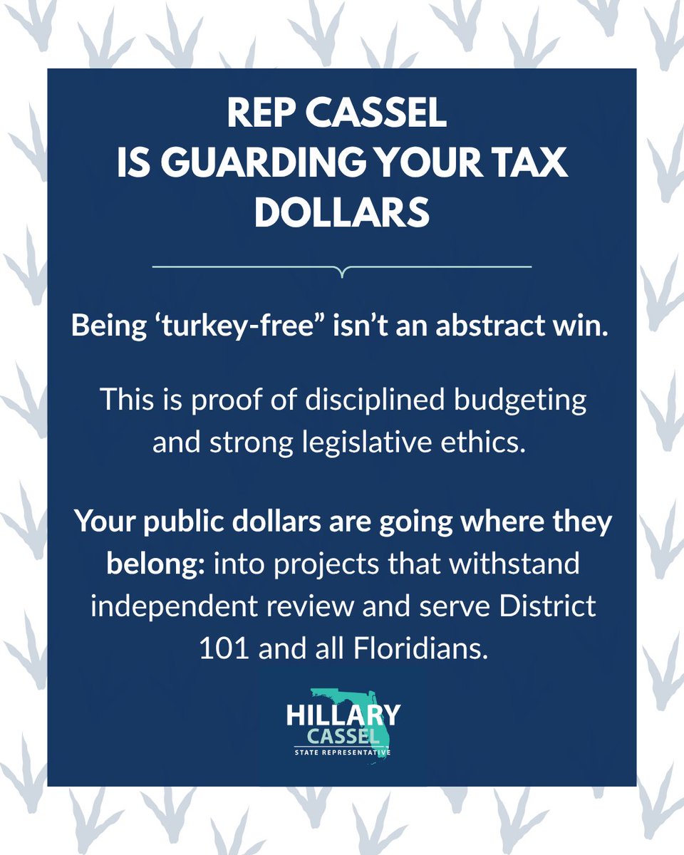 RepCassel's tweet image. I secured $57M for District 101 and Floridians - not a single dollar was flagged as a “budget turkey” by Florida TaxWatch.
Every project I fought for was vetted, justified, and impactful.
Your tax dollars are going to work - not to waste. #NoTurkeysHere #FLHouse #District101