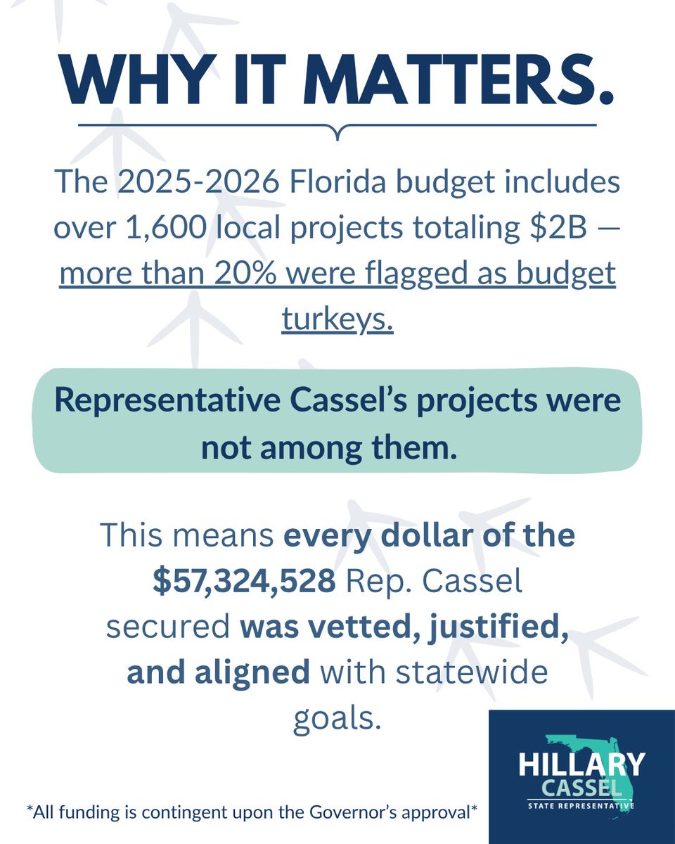 RepCassel's tweet image. I secured $57M for District 101 and Floridians - not a single dollar was flagged as a “budget turkey” by Florida TaxWatch.
Every project I fought for was vetted, justified, and impactful.
Your tax dollars are going to work - not to waste. #NoTurkeysHere #FLHouse #District101